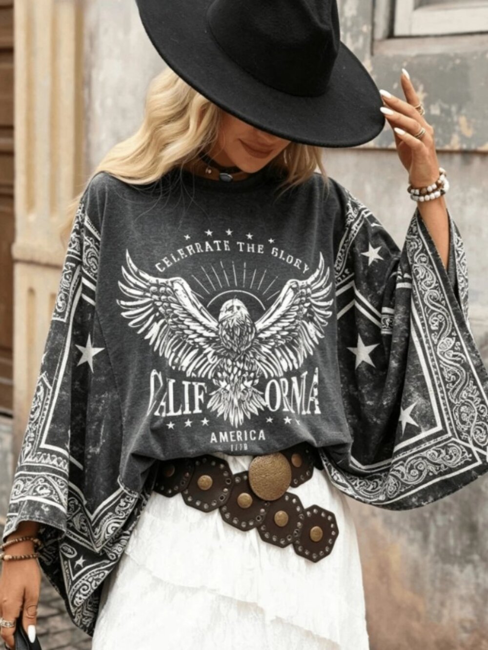 Boho Style Round Neck Batwing Sleeve Top With California Eagle Print NWT